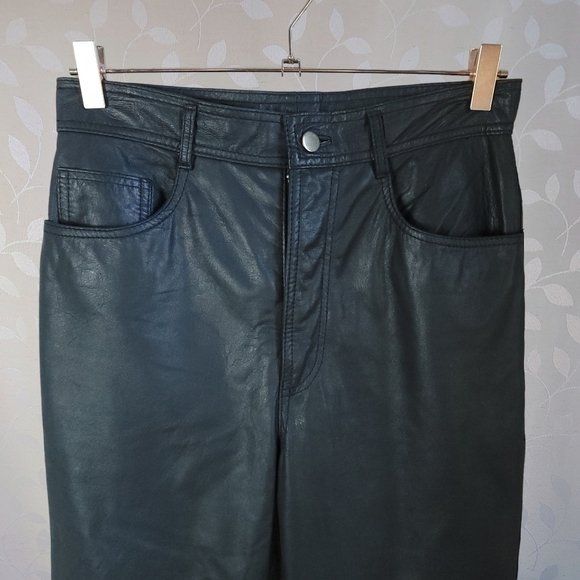 Vintage 90s Genuine Leather High Waisted Straight Leg Pants Black X & T Zeeshi - Picture 3 of 14